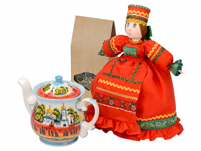 Подарочный набор Кремлевский: кукла на чайник, чайник заварной с росписью, чай травяной (Красный/разноцветный)
