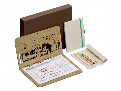 Подарочный набор Luna Canvas (Календарь- натуральный, блокнот и канц.набор- натуральный/зеленый)