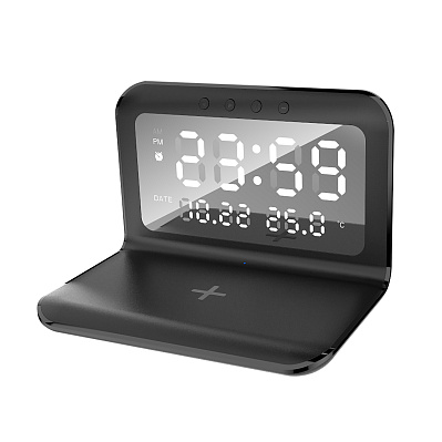 Настольные часы "Smart Time" с беспроводным (15W) зарядным устройством, будильником и термометром, со съёмным дисплеем  (Черный)