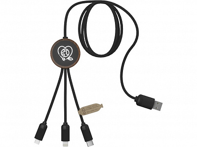 Зарядный кабель 3 в 1 со светящимся логотипом и округлым бамбуковым корпусом (Дерево, черный)