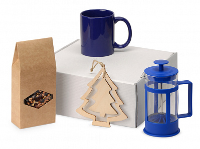 Подарочный набор с чаем, кружкой и френч-прессом Чаепитие (Кружка- ярко-синий, френч-пресс- синий/прозрачный)