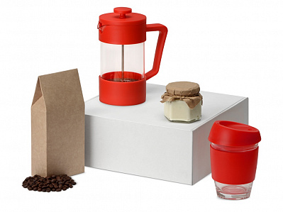 Подарочный набор Бодрое утро (Френч-пресс- прозрачный/красный, стеклянный стакан- прозрачный/красный, упаковка кофе- крафт, бумажный наполнитель- серый)