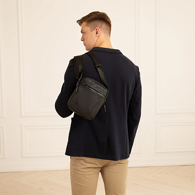 Сумка наплечная BUGATTI Blanc, чёрная, тарпаулин/полиэстер, 17х4,5х21 см