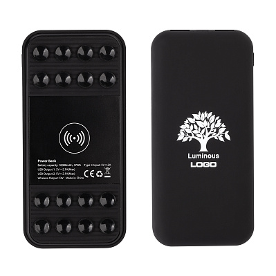 Беспроводное зарядное устройство "Sticky SOFTTOUCH", 10000 mAh с подсветкой логотипа и присосками  (Черный)