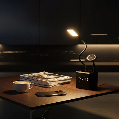 Лампа "Smart Flex" с беспроводным 3в1 (15W) ЗУ с MagSafe, часами, карандашницей и подсветкой логотипа, черный