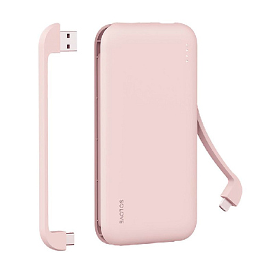 ПЗУ Solove W7 со встроенными кабелями Type-C и Lightning  (Розовый)