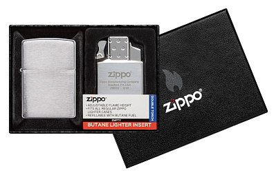 Набор ZIPPO: зажигалка 200 с покрытием Brushed Chrome и газовый вставной блок с двойным пламенем (Серебристый)
