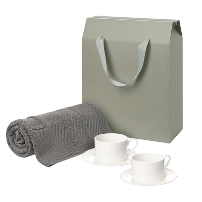 Подарочный набор Mokko, Сella, серый в коробке-пакете (две чайных пары, плед) (Серый, белый)