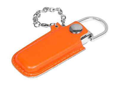USB 2.0- флешка на 64 Гб в массивном корпусе с кожаным чехлом (Оранжевый/серебристый)