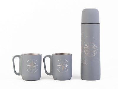 Набор "Гейзер" (термос, 2 кружки), покрытие soft touch, серый
