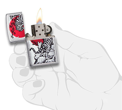 Зажигалка ZIPPO Asian Tiger с покрытием Brushed Chrome, латунь/сталь, серебристая, 38x13x57 мм