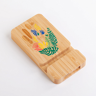 Беспроводное (10W) зарядное устройство "Bamboo Power" 5000 mAh с подставкой под смартфон, бамбук, бежевый