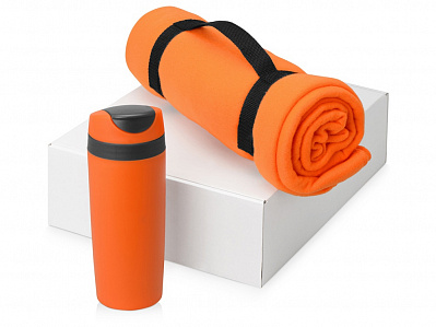 Подарочный набор Cozy с пледом и термокружкой (Оранжевый/темно-серый/черный)