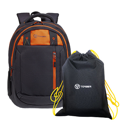 Рюкзак TORBER CLASS X, черный с оранжевой вставкой, полиэстер 900D, 45 x 32 x 16 см (Оранжевый)