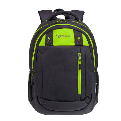 Рюкзак TORBER CLASS X, черный с зеленой вставкой, 45 x 32 x 16 см +Мешок для сменной обуви в подарок (Салатовый)