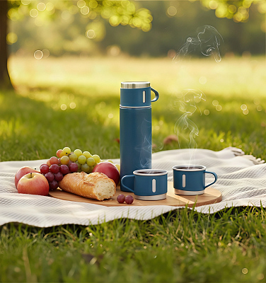 Набор подарочный "Алтай": термос, 3 кружки, пудра, темно-синий