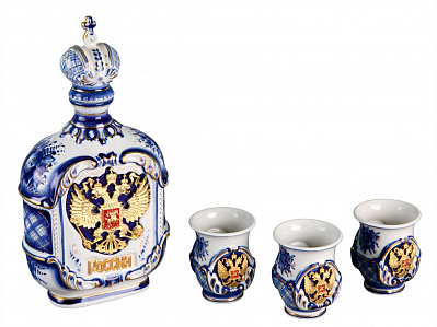 Набор Россия: штоф для водки с тремя стопками (Белый/синий)