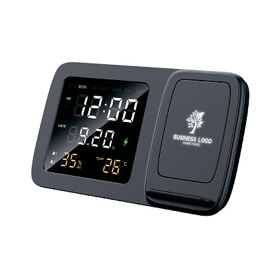 Настольные часы "Smart Screen" с беспроводным (15W) зарядным устройством, гигрометром, термометром, календарём, с подсветкой логотипа  (Черный)
