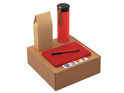 Набор Draftea с блокнотом, ручкой, термосом и чаем (Коричневый, красный)