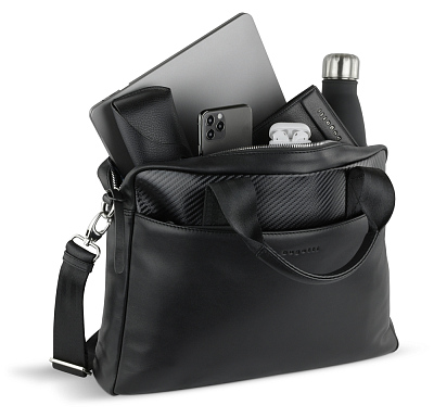 Портфель мужской BUGATTI Comet, чёрный, воловья кожа/полиэстер, 37х6х27 см