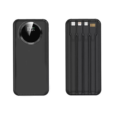 Зарядное устройство "Phantom" 10000 mAh с 4мя встроенными кабелями и цифровым индикатором заряда  (Черный)