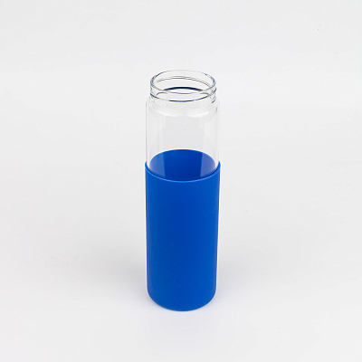 Бутылка стеклянная с силиконовой манжетой и бамбуковой крышкой  Glass, синяя