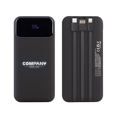 Зарядное (22.5W) устройство "Grade SOFTTOUCH" 10000 mAh с подсветкой логотипа, встроенными кабелями и цифровым индикатором заряда, черный (Чёрный)