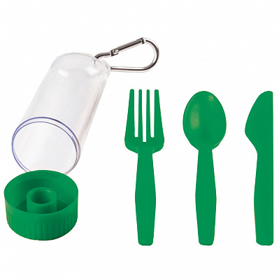 Набор "Pocket":ложка,вилка,нож в футляре с карабином (Зеленый)