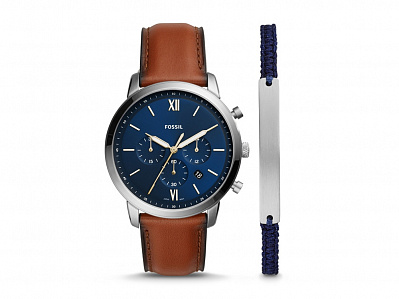 Подарочный набор: часы наручные мужские, браслет (Корпус- стальной, циферблат- синий, крепление- коричневый)