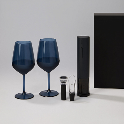 Подарочный набор 2 бокала для вина Sapphire + набор для вина с электрическим штопором Sacramento, в черной коробке (Синий, черный)