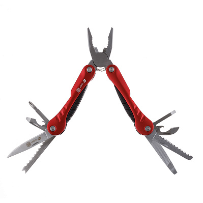 Мультитул Stinger, 103x45 мм, 15 функций, сталь, серебристо-красный, в комплекте нейлоновый чехол (Красный)