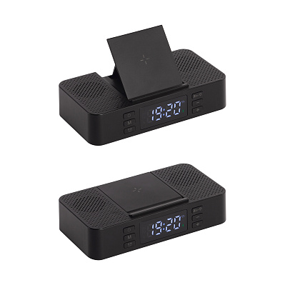 Настольные часы "Smart Box" с bluetooth колонкой (2х3Вт), беспроводным (15W) зарядным устройством и складной подставкой под смартфон  (Черный)