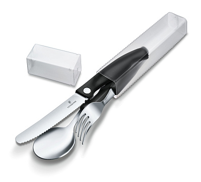 Набор из 3 столовых приборов VICTORINOX Swiss Classic: складной нож для овощей, вилка, ложка, чёрный (Черный)