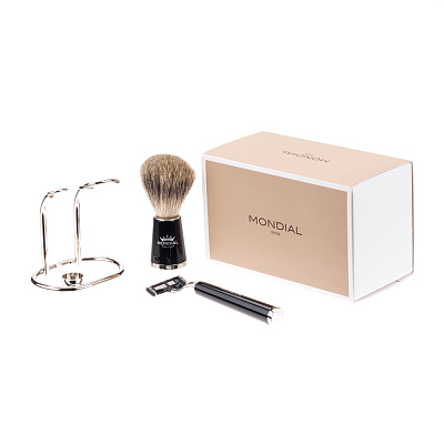 Бритвенный набор MONDIAL: станок MACH3, помазок, подставка, смола в черном цвете/никелированная латунь, в картонной коробке