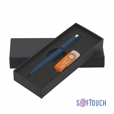 Набор ручка + флеш-карта 8 Гб в футляре, покрытие soft touch  (Темно-синий с оранжевым)
