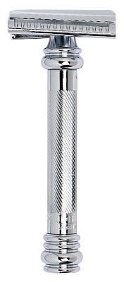 Cтанок Т-образный для бритья MERKUR 39C, глянцевое хромированное покрытие, косой срез, закрытый гребень, длинная ручка, лезвие в комплекте (1 шт)