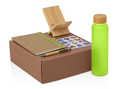 Набор Wooden с бутылкой, блокнотом, ручкой и подставкой для телефона  (Зеленое яблоко. темно-серый)