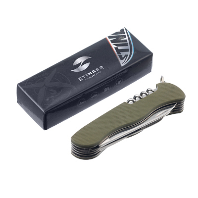 Нож перочинный Stinger, 111 мм, 10 функций, материал рукояти стеклотекстолит G10 (зеленый)