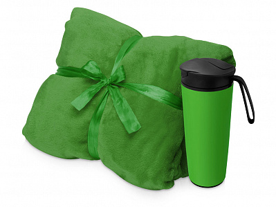 Подарочный набор Dreamy hygge с пледом и термокружкой (Плед- зеленый, термокружка- зеленый/черный)
