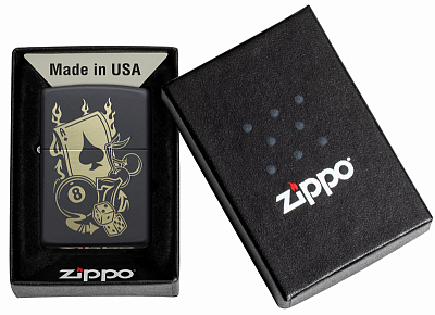 Зажигалка ZIPPO Gambling Design с покрытием Black Matte, латунь/сталь, чёрная, матовая, 38x13x57 мм