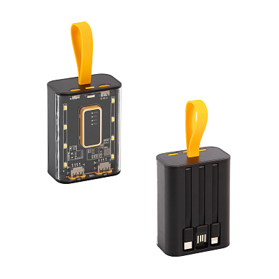 Зарядное устройство "Shine" 9000 mAh с LED-подсветкой, встроенными кабелями Type-C/Lightning/USB  (Черный с желтым)