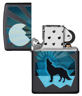 Зажигалка ZIPPO Wolf and Moon с покрытием Black Matte, латунь/сталь, чёрная, матовая, 38x13x57 мм