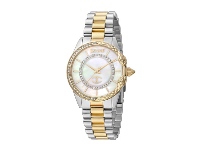 Наручные часы, женские (Корпус- комбинированный (серебристый/желтое золото), безель декорирован змеей, циферблат- белый, натуральный перламутр, кристаллы Swarovski, крепление- стальной/желтое золото)