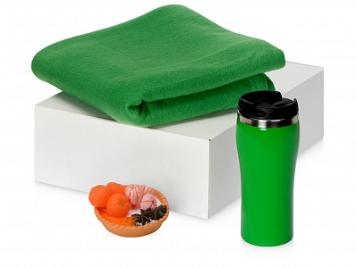 Подарочный набор с пледом, мылом и термокружкой (Плед, термокружка- зеленый, мыло- оранжевый)