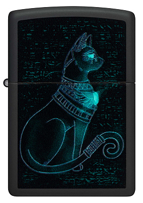 Зажигалка ZIPPO Spiritual Cat с покрытием Black Light, латунь/сталь, черная, матовая 38x13x57 мм