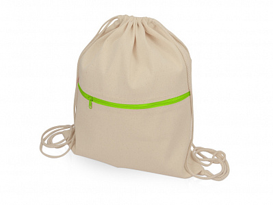 Рюкзак-мешок хлопковый Lark с цветной молнией (Натуральный/зеленое яблоко)