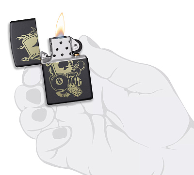 Зажигалка ZIPPO Gambling Design с покрытием Black Matte, латунь/сталь, чёрная, матовая, 38x13x57 мм