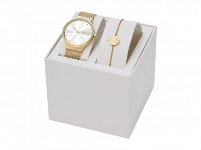 Подарочный набор: часы наручные мужские, браслет (Корпус- желтое золото, циферблат- стальной, крепление- желтое золото)