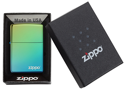 Зажигалка ZIPPO Logo с покрытием High Polish Teal, латунь/сталь, зелёная, глянцевая, 38x13x57 мм
