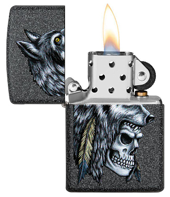 Зажигалка ZIPPO Wolf Skull с покрытием Iron Stone™, латунь/сталь, серая, матовая, 38x13x57 мм